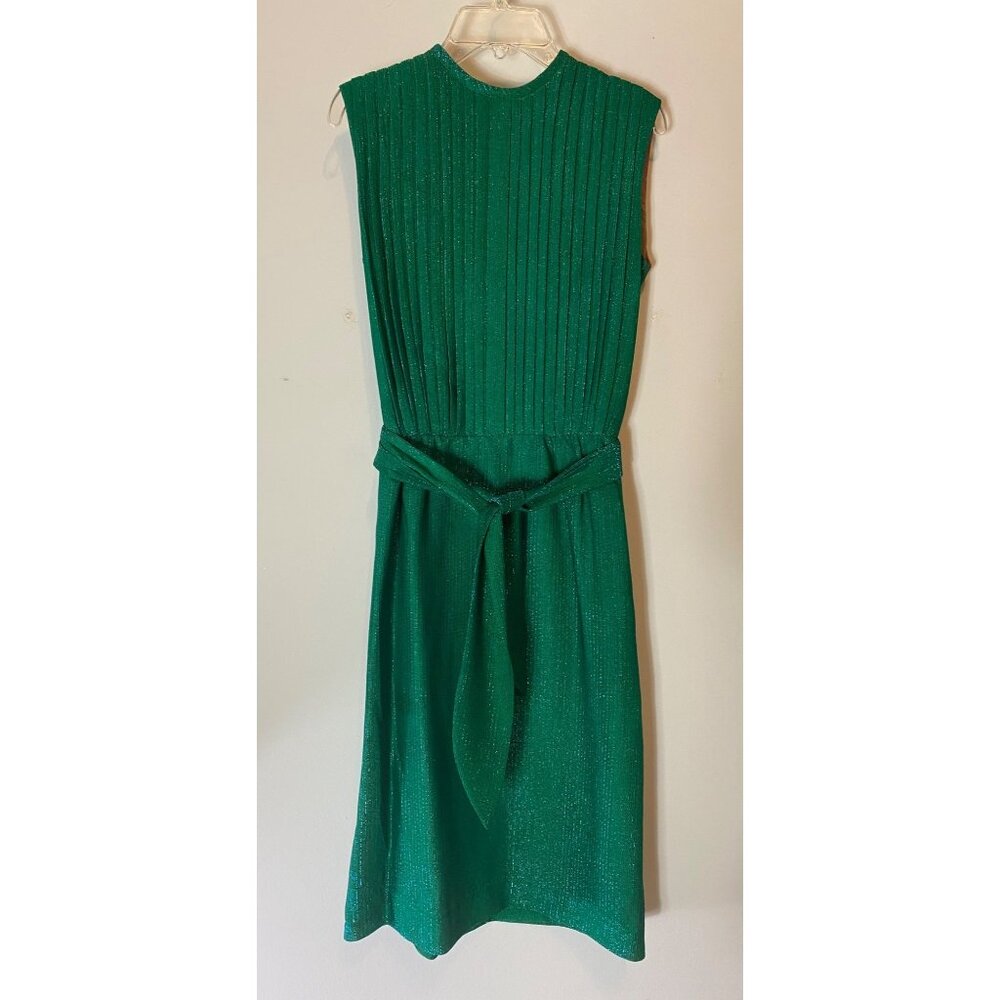 Vintage USA Green Pleated Dress Sleeveless Metallic Thread Back Zipper Size 9